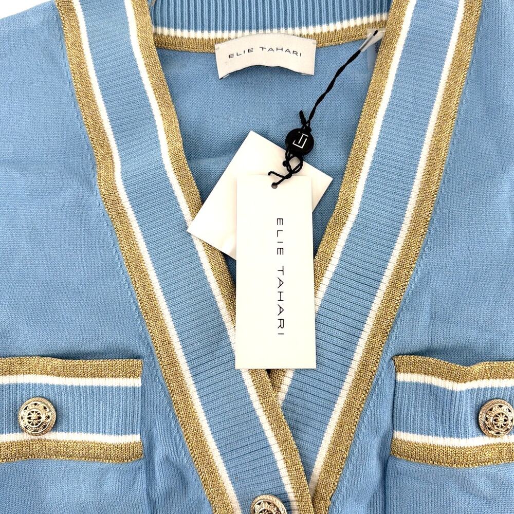 Elie Tahari Fountian Blue Gold Stripe The Kiva Shimmer-Trim Knit Cardigan Size S - Picture 3 of 11